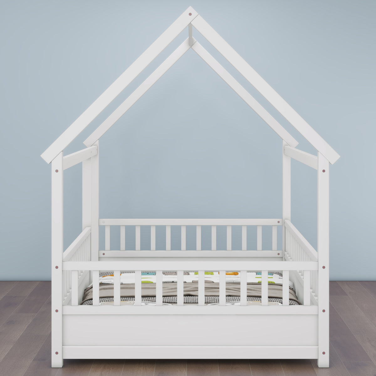 Close-up detail of Bed Frame Modern House Roof & Guardrails White Wood Full Size