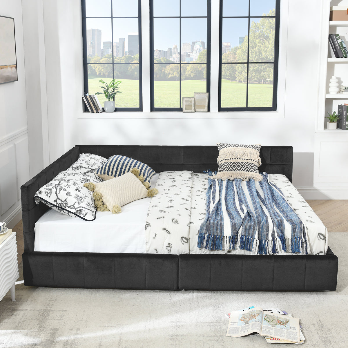 Construction and detail view of Bed Frame Modern Storage Bed Black Velvet Queen Size Bedroom