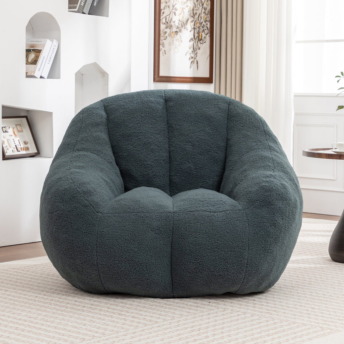 Close-up detail of Bean Bag Chair Tufted Memory Foam Green Teddy Fabric