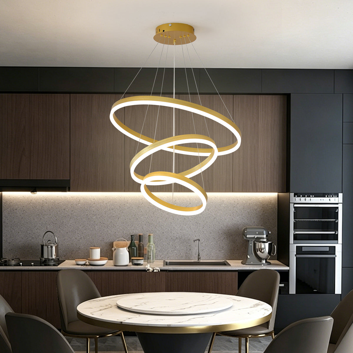 Close-up detail of Chandelier 3-Ring Dimmable LED Gold Acrylic & Aluminum