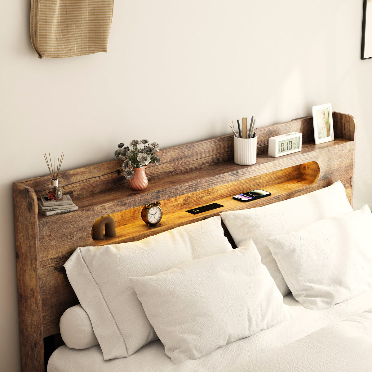 Full product view of Platform Bed Frame LED Storage Headboard Dark Brown Wood King Size