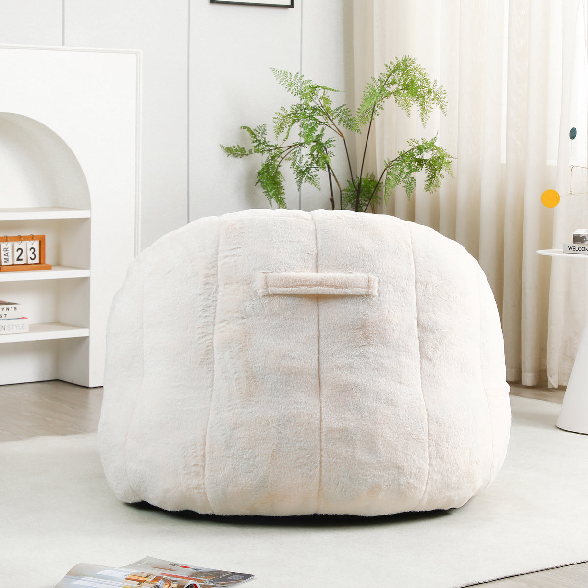 Construction and detail view of Bean Bag Chair Armrests & High-Density Foam White Faux Fur