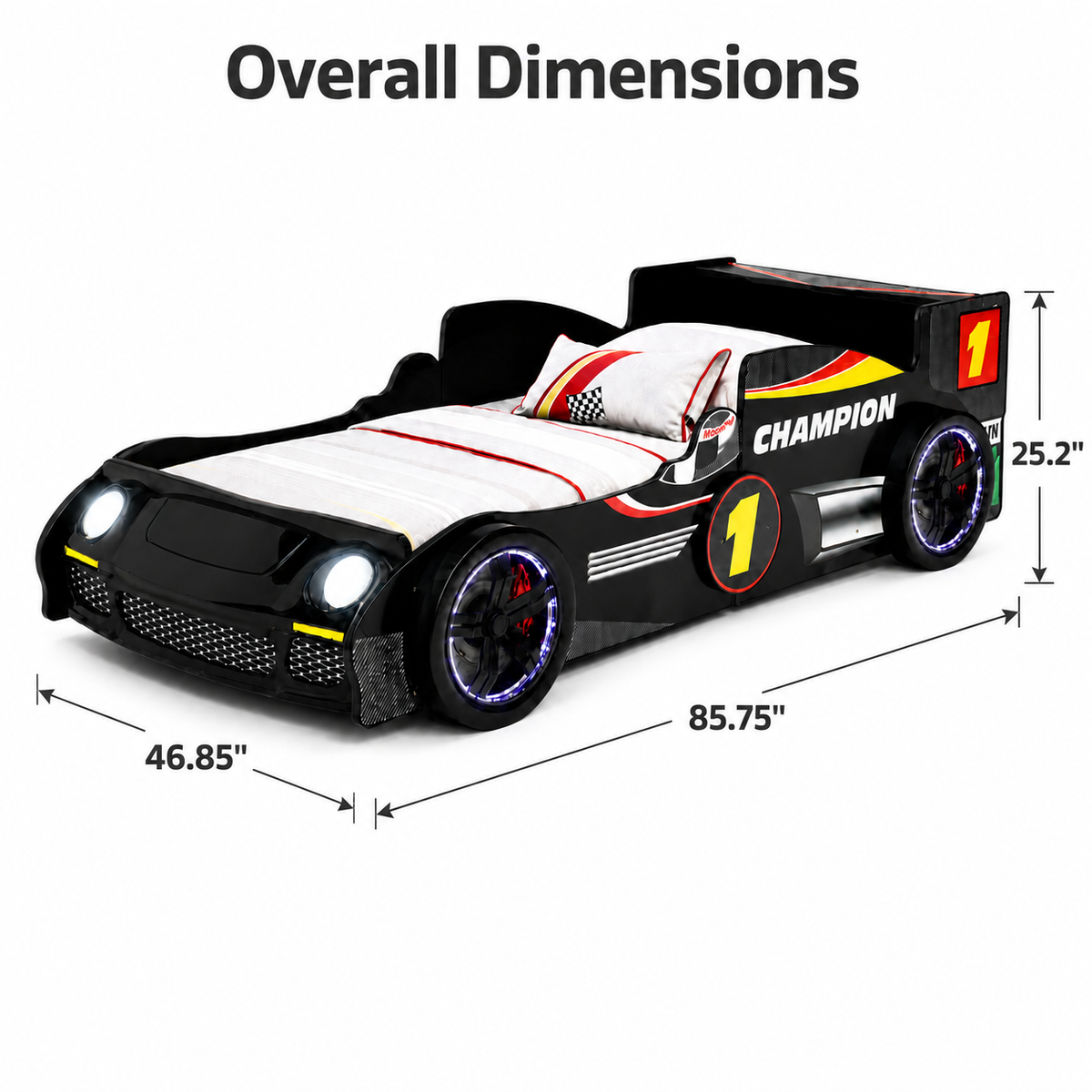 Additional product detail of Bed Frame LED Race Car Design Black Particle Board Twin Size