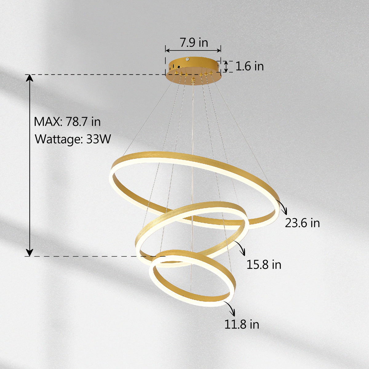 Design feature view of Chandelier 3-Ring Dimmable LED Gold Acrylic & Aluminum