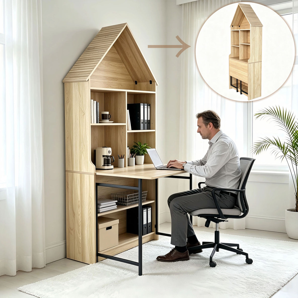 Craft Desk Folding Storage Natural Wood MDF in a home office