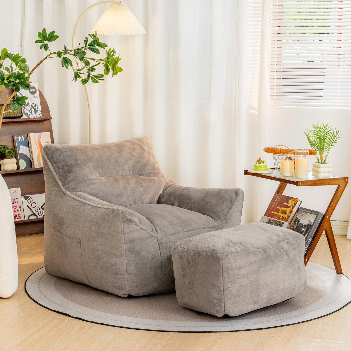 Bean Bag Chair Oversized Seating Gray Faux Fur in a modern living room