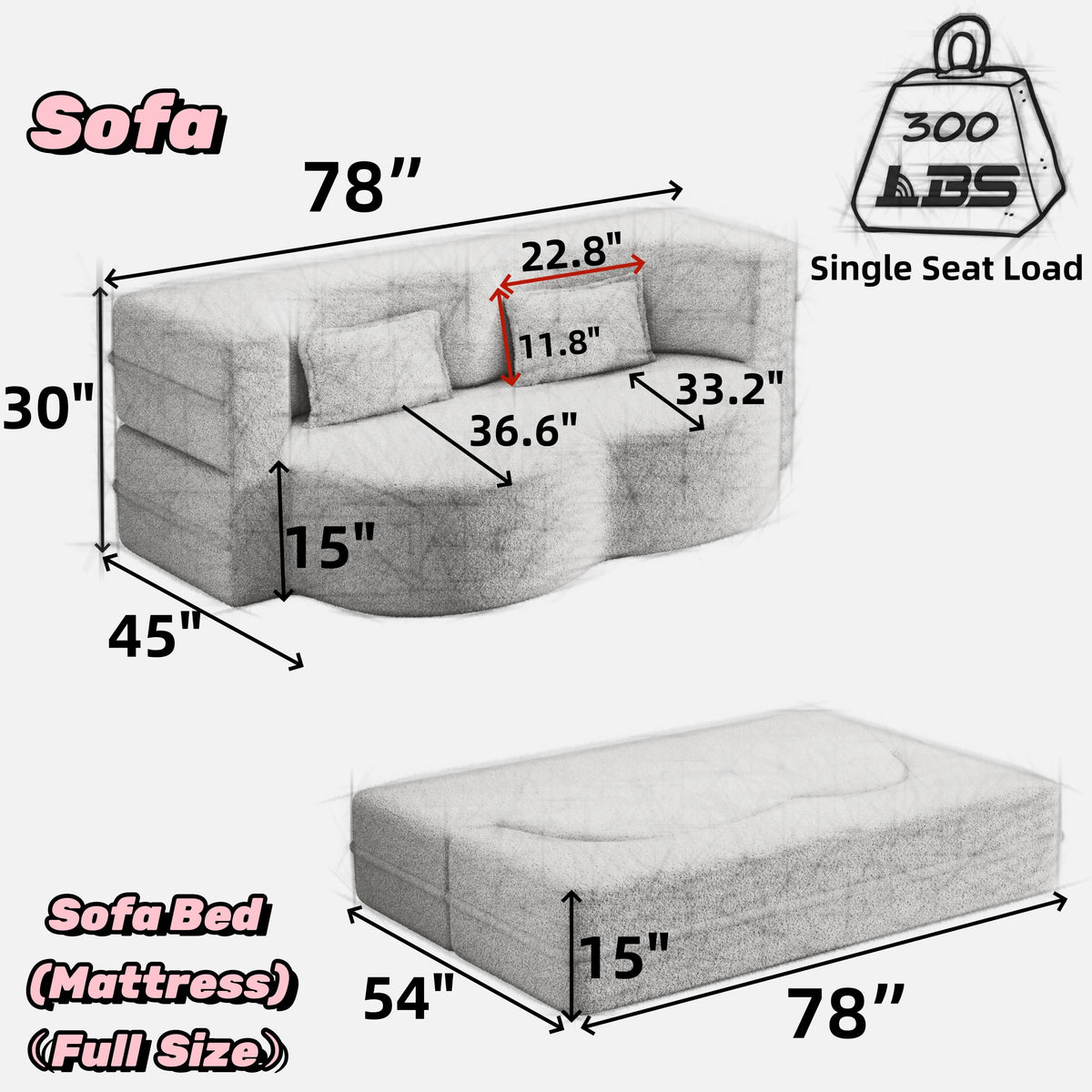 Full product view of Sofa Bed 3-Tier Folding Sleeper Pink Sherpa Fleece Full Size