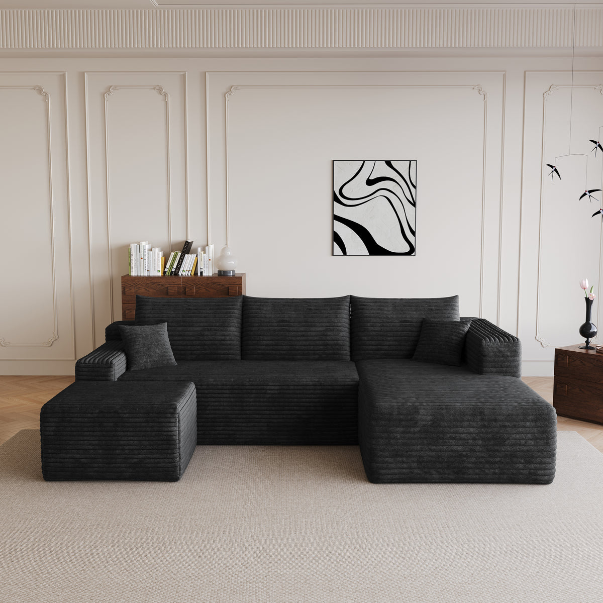 Construction and detail view of Sectional Sofa Modular with Ottoman Black Corduroy