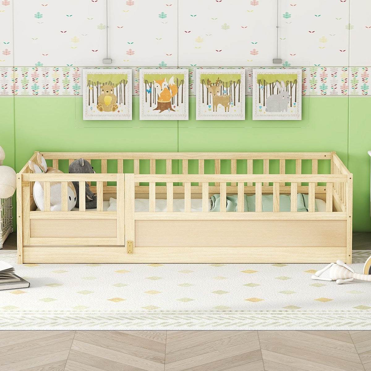 Bed Frame High Safety Barrier & Door Natural Wood Pine Twin Size in a modern bedroom