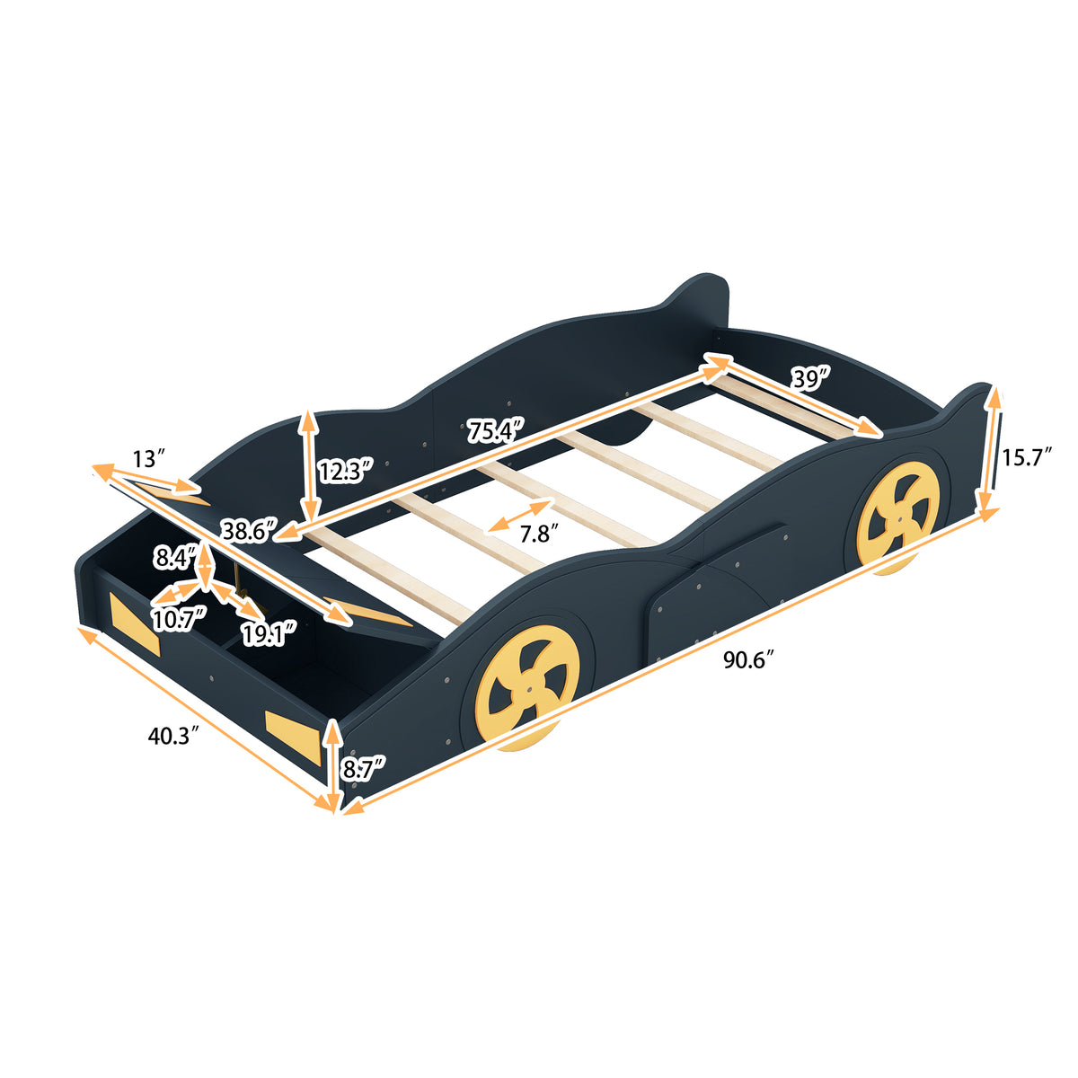 Alternate angle of Platform Bed Frame Race Car Storage Dark Blue Solid Wood & MDF Twin Size