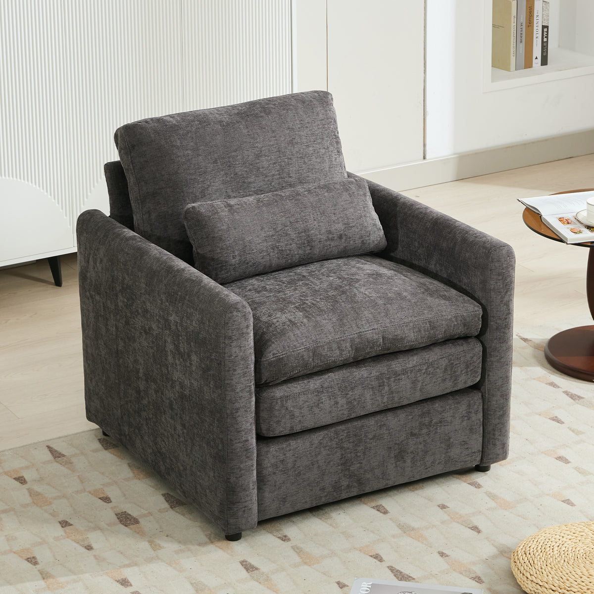 Accent Chair Double Cushion Gray Chenille in a modern living room