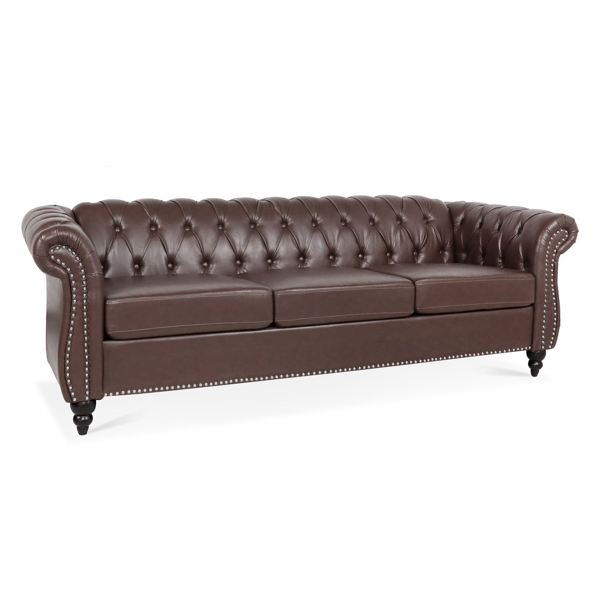 Full product view of Sofa Chesterfield Cushioned Seating Dark Brown PU Leather 3-Seater