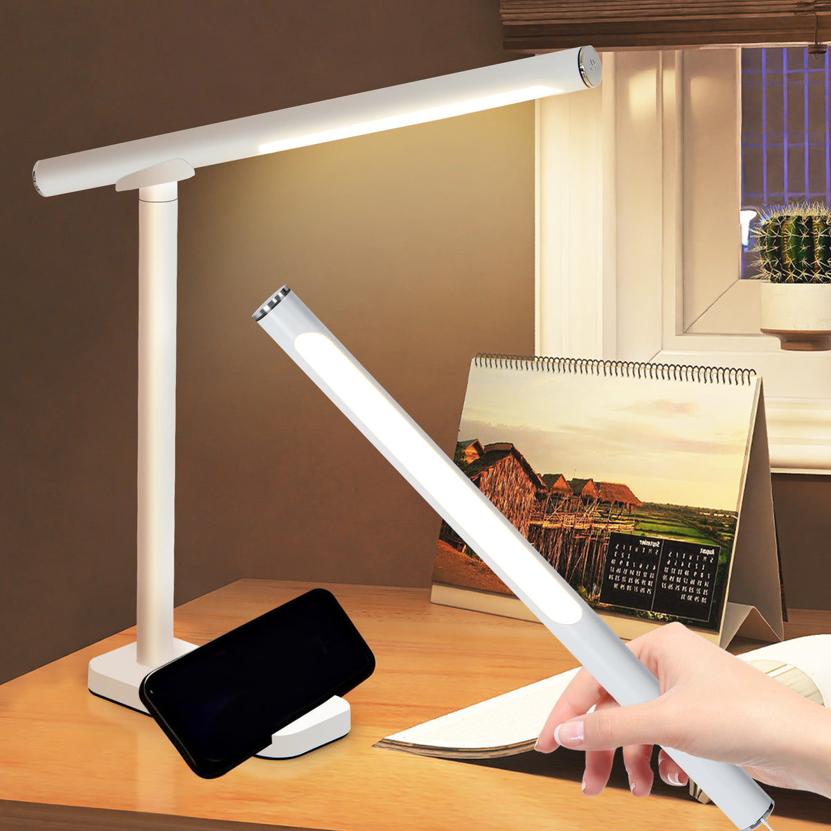 Desk Lamp USB Charging & 5 Light Modes White Iron in a modern home interior