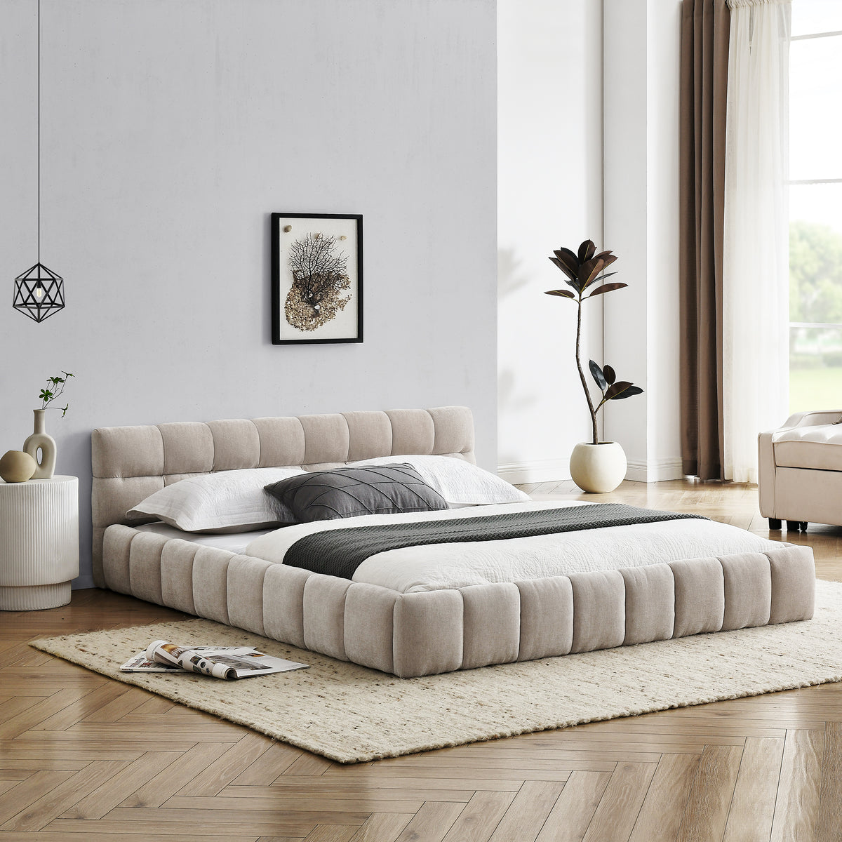 Close-up detail of Bed Frame Modern Supportive Frame Beige Chenille Queen Size