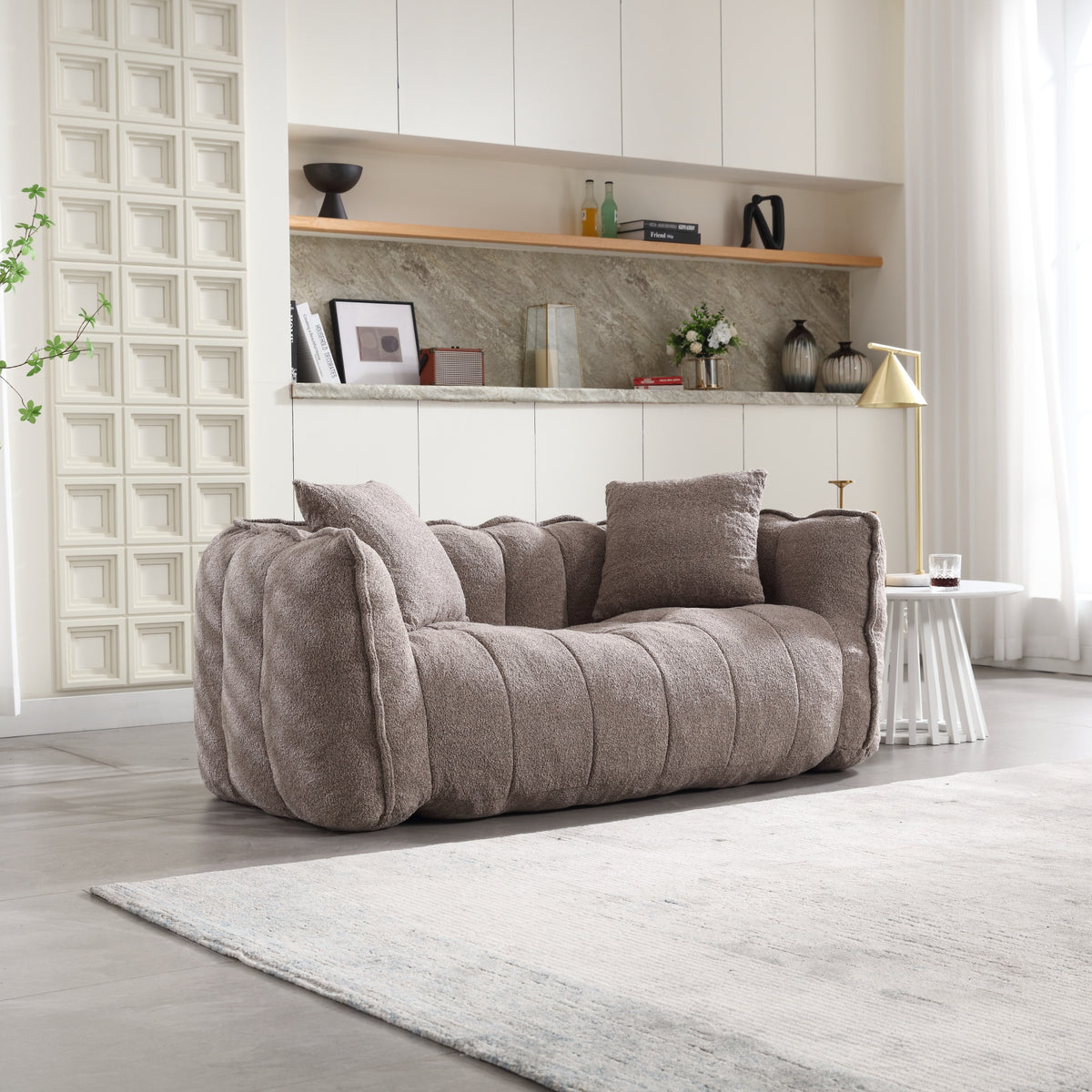 Bean Bag Chair Cushioned Seating Brown Chenille in a modern living room