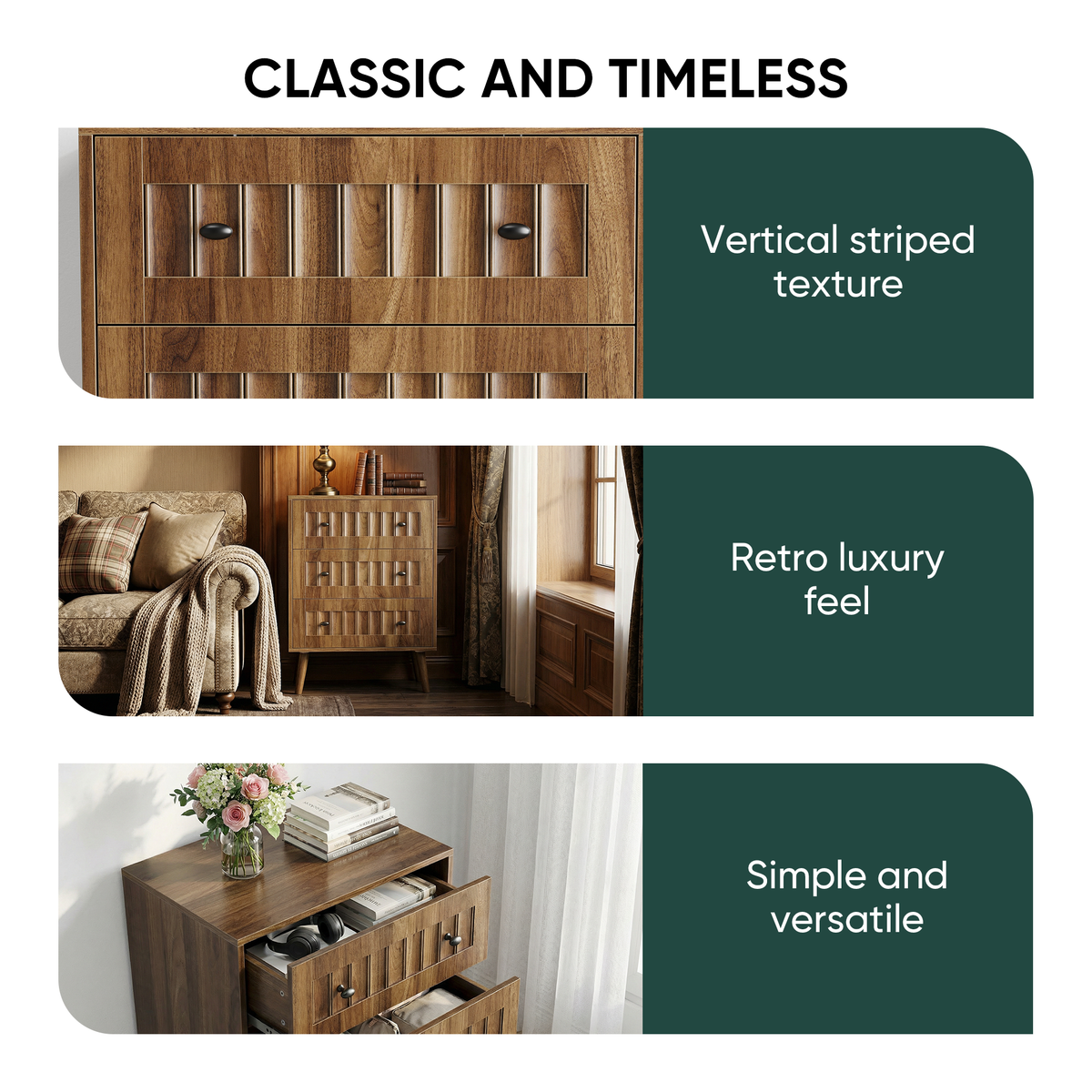 Additional view of Dresser 3-Drawer Storage Walnut Wood