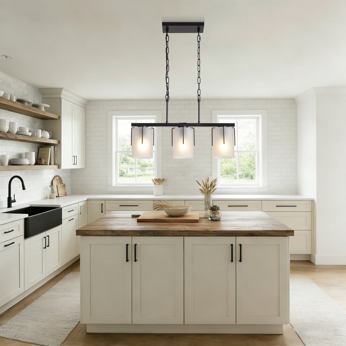 Design feature view of Pendant Light Minimalist 3-Light Linear Matte Black Glass