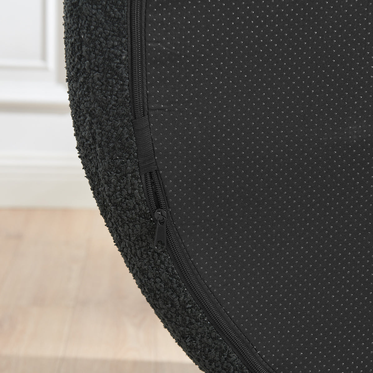 Construction and detail view of Accent Chair Backrest & Pillow Black Bouclé Fabric 1-Seater