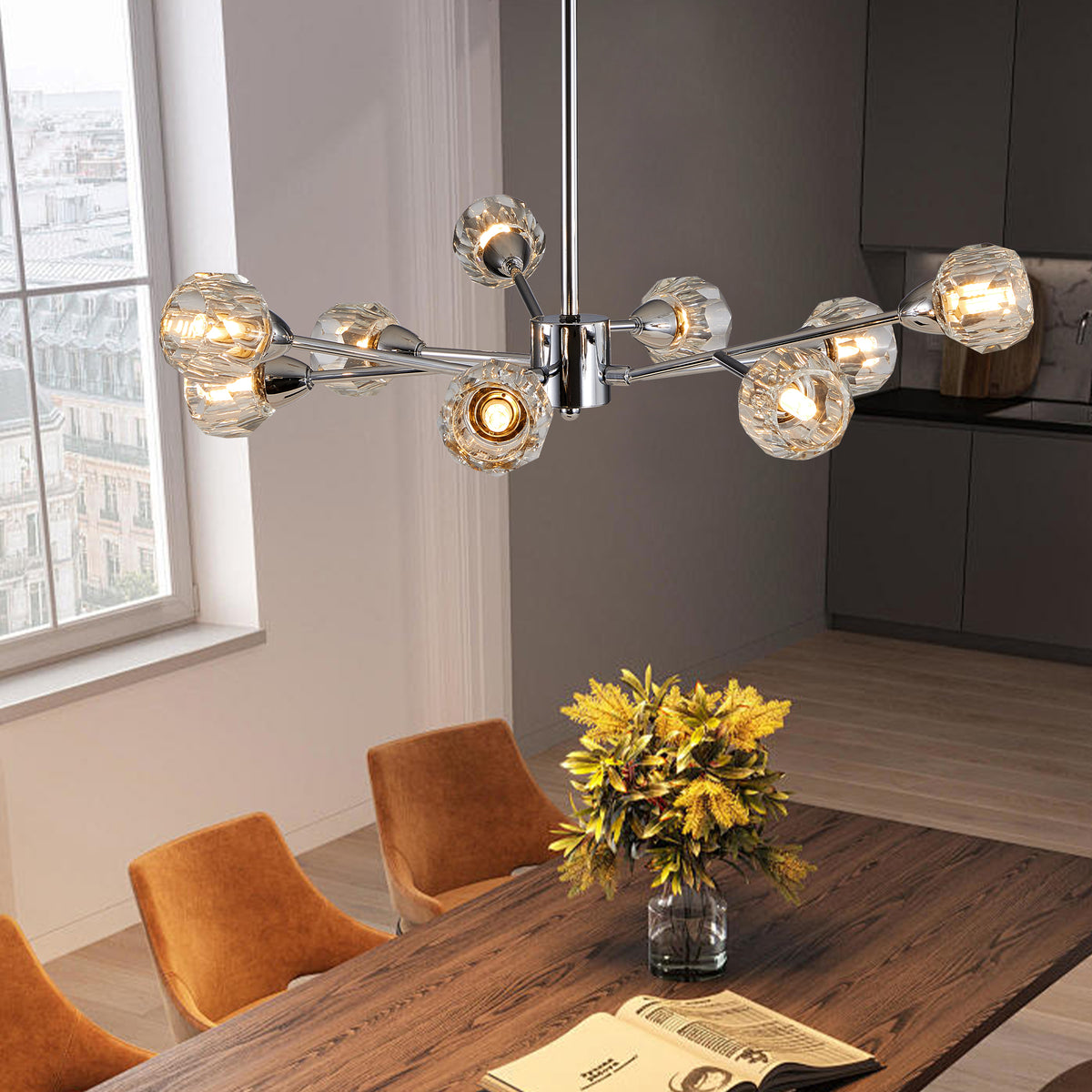 Close-up detail of Chandelier Modern 9-Light Crystal Chrome Crystal