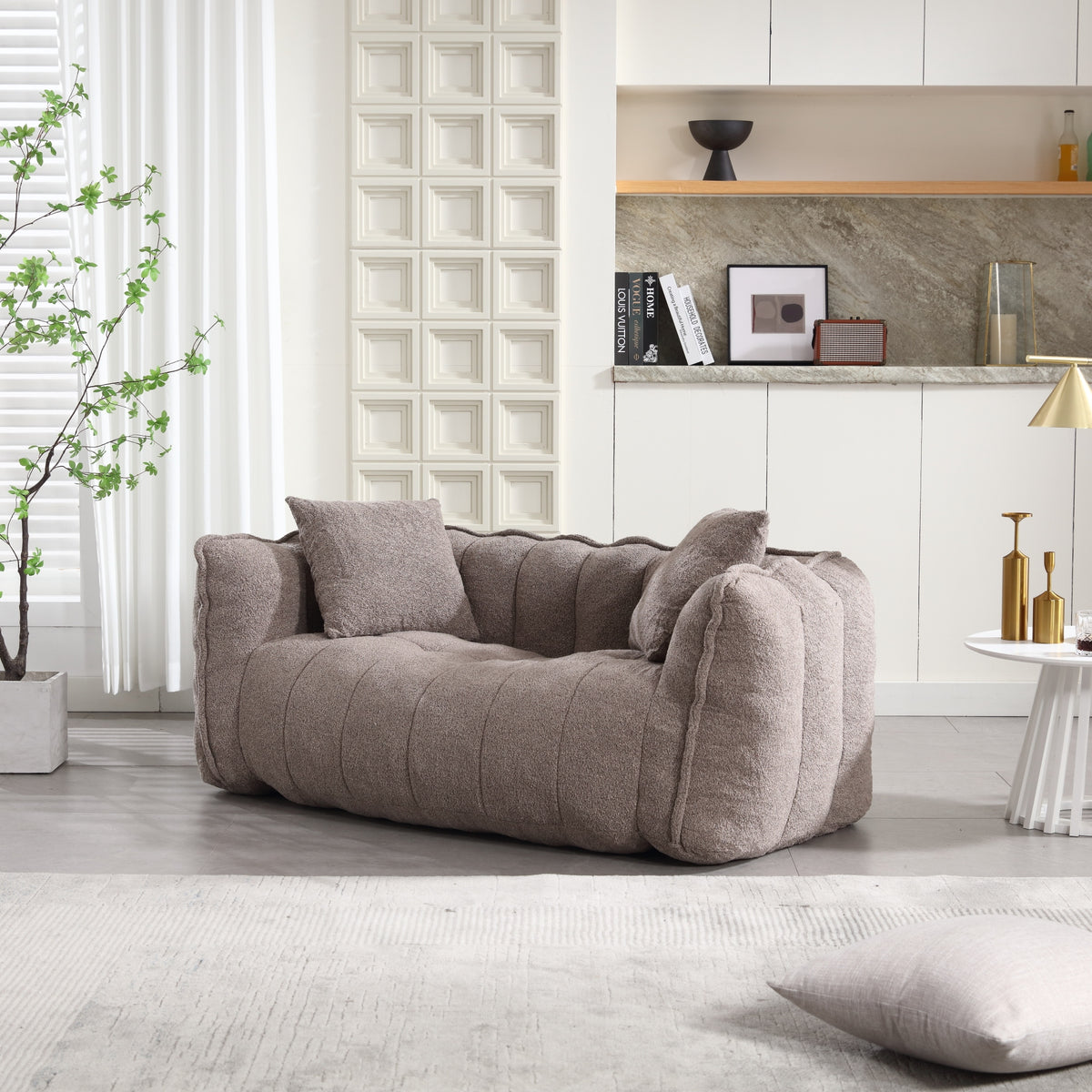 Design feature view of Bean Bag Chair Cushioned Seating Brown Chenille