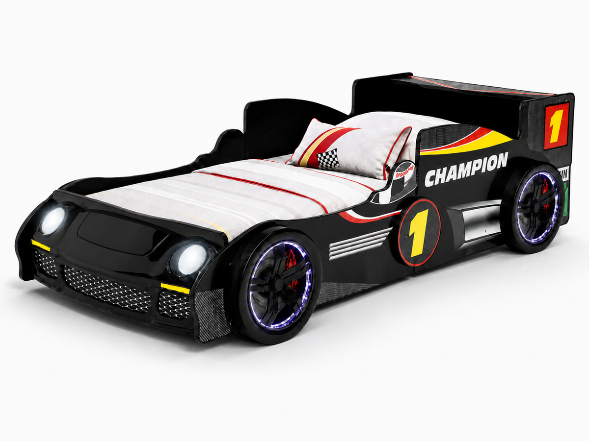 Full product view of Bed Frame LED Race Car Design Black Particle Board Twin Size