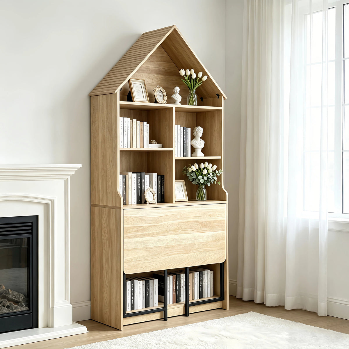Close-up detail of Craft Desk Folding Storage Natural Wood MDF