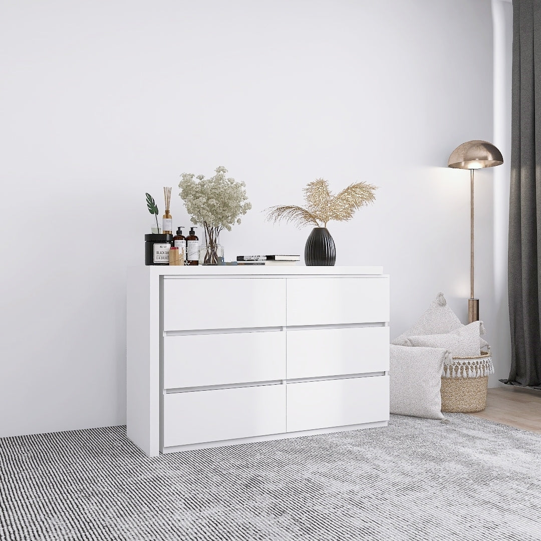 Construction and detail view of Chest of Drawers 6-Drawer Storage White Engineered Wood