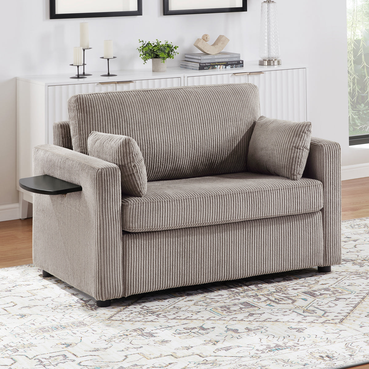 Sofa Bed Twin Sleeper with USB Ports & Side Table Gray & Brown Corduroy in a modern living room