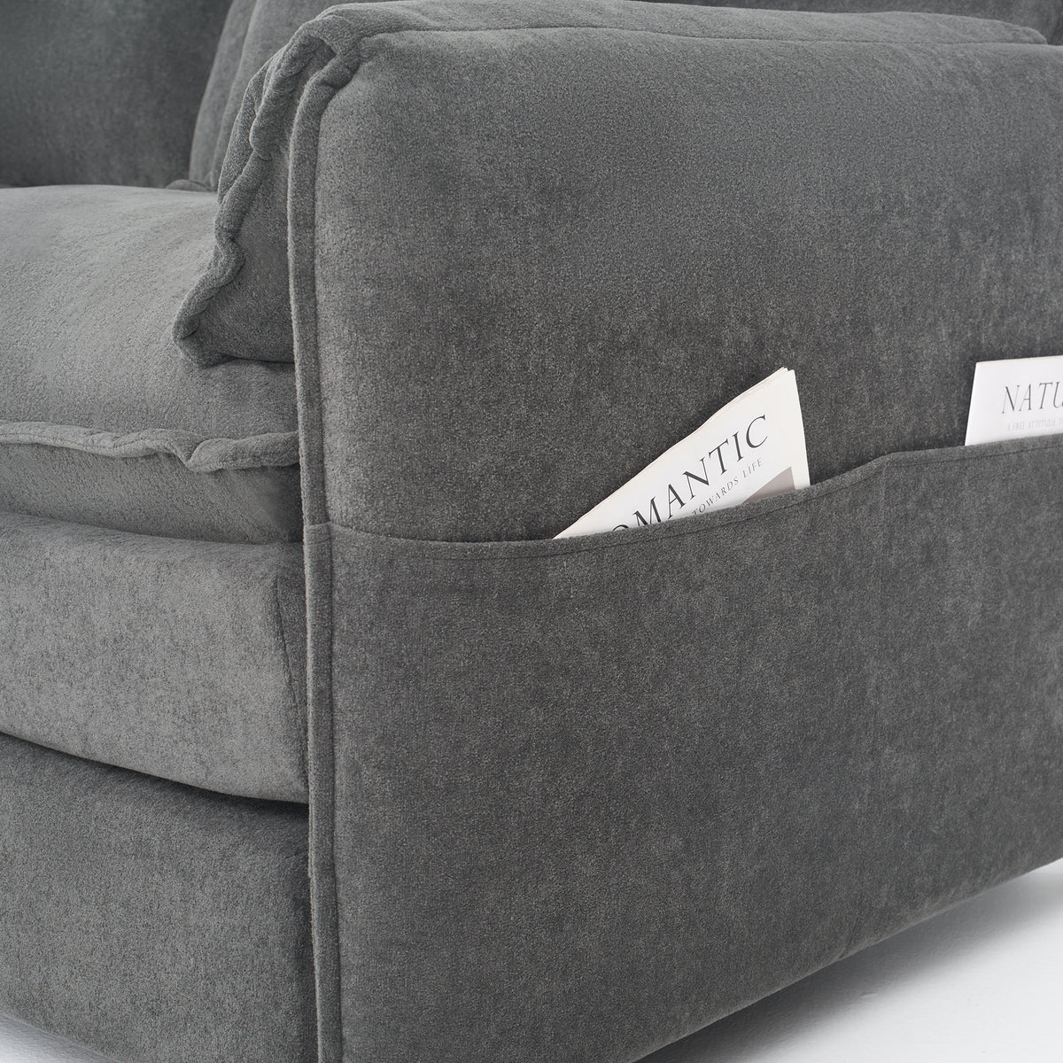 Construction and detail view of Ottoman Cushioned Footrest Gray Chenille