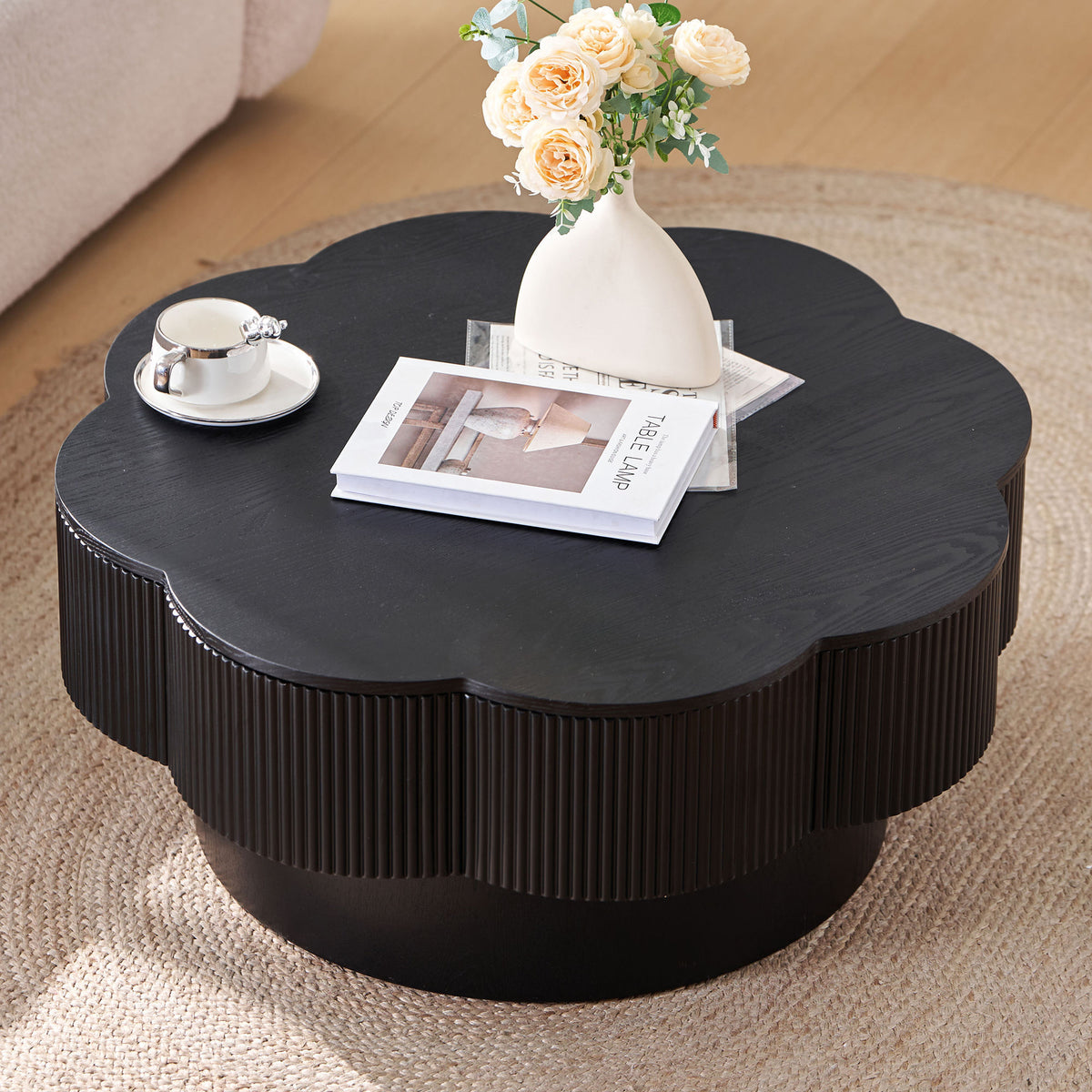 Construction and detail view of Coffee Table Plum Blossom Storage Natural Wood