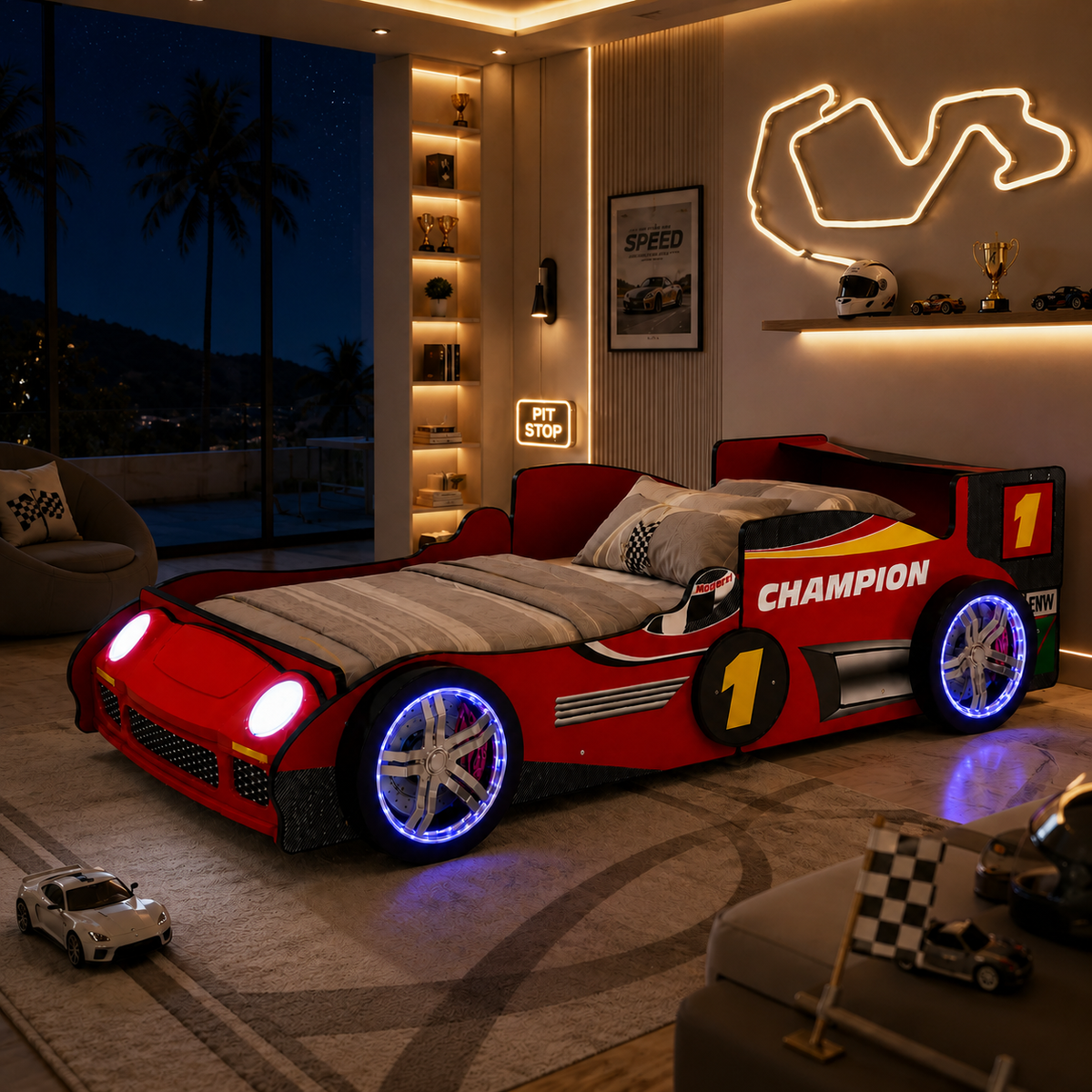 Design feature view of Bed Frame LED Race Car Design Red Particle Board Twin Size