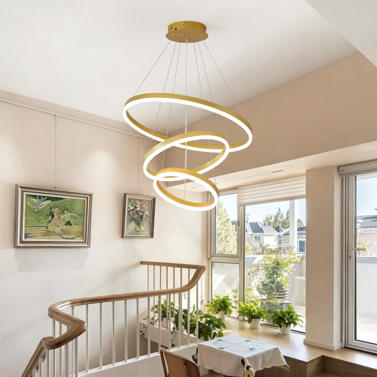 Alternate angle of Chandelier 3-Ring Dimmable LED Gold Acrylic & Aluminum