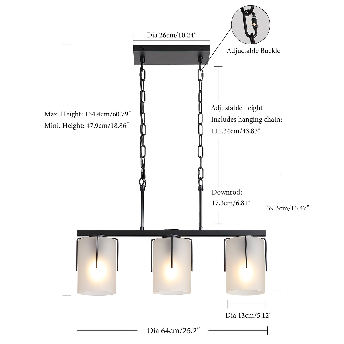 Alternate angle of Pendant Light Minimalist 3-Light Linear Matte Black Glass