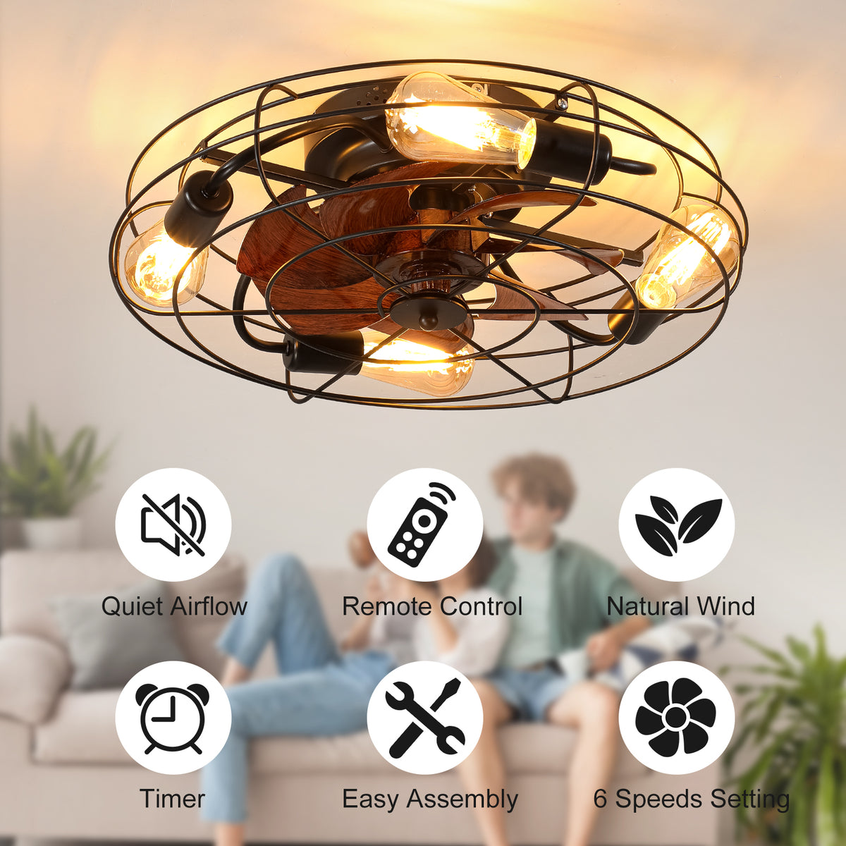 Full product view of Ceiling Fan Light Farmhouse Remote Control Black Iron