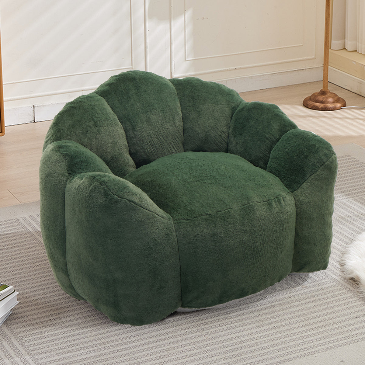 Bean Bag Chair Compressed Foam Green Faux Fur in a modern living room