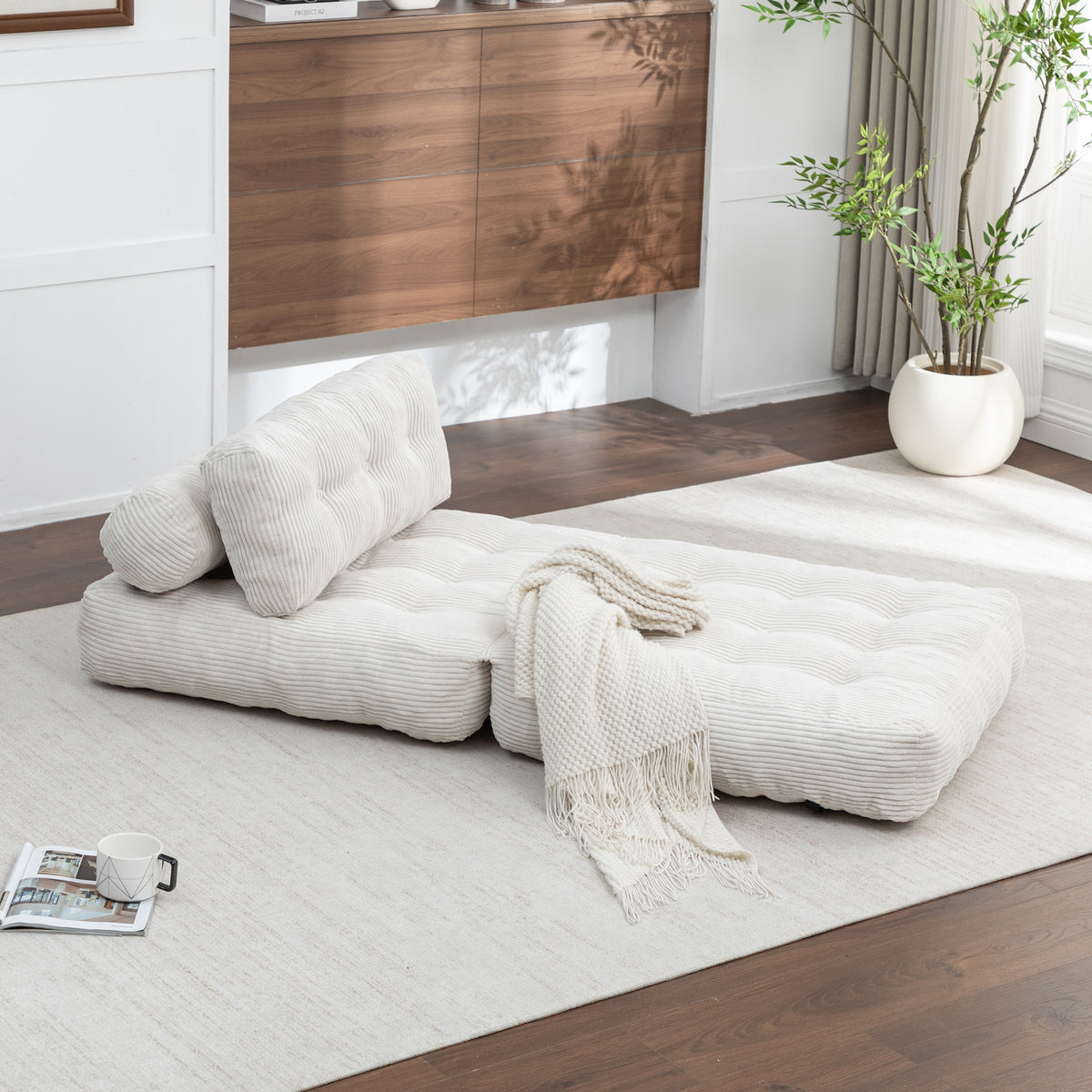 Construction and detail view of Sofa Bed Folding Sleeper with Headrest & Lumbar Pillow Beige Corduroy