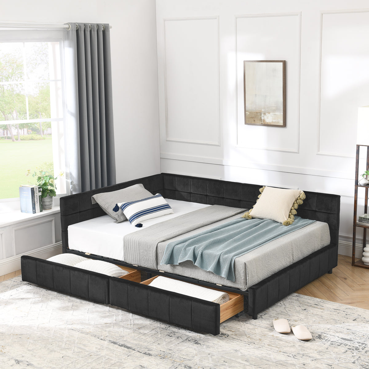 Bed Frame Mid-Century Tufted Storage Black Velvet Full Size in a modern bedroom