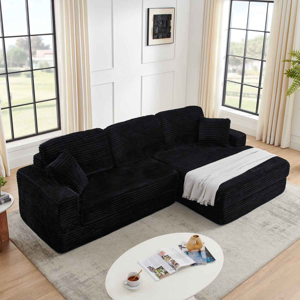 Sectional Sofa Modular Sectional Black Corduroy 5-Seater in a modern living room