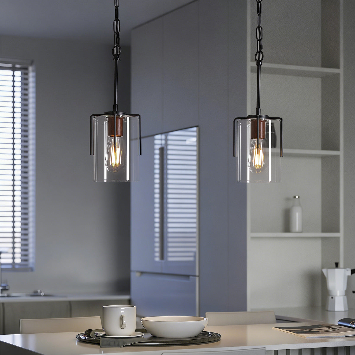Construction and detail view of Pendant Light Farmhouse Clear Glass Shade Black Glass