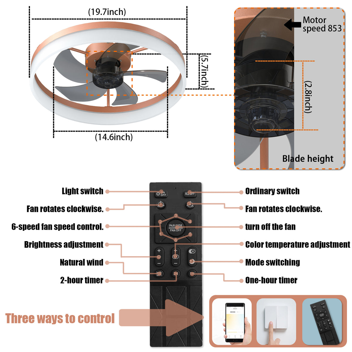 Additional view of Ceiling Fan Modern Dimmable LED Rose Gold ABS