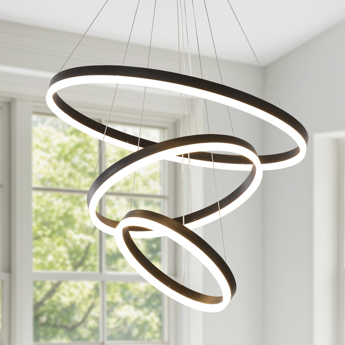 Chandelier 3-Ring Dimmable LED Black Acrylic & Aluminum in a modern home interior