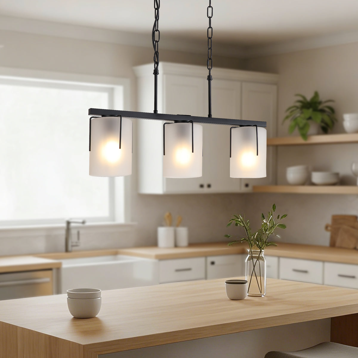 Close-up detail of Pendant Light Minimalist 3-Light Linear Matte Black Glass