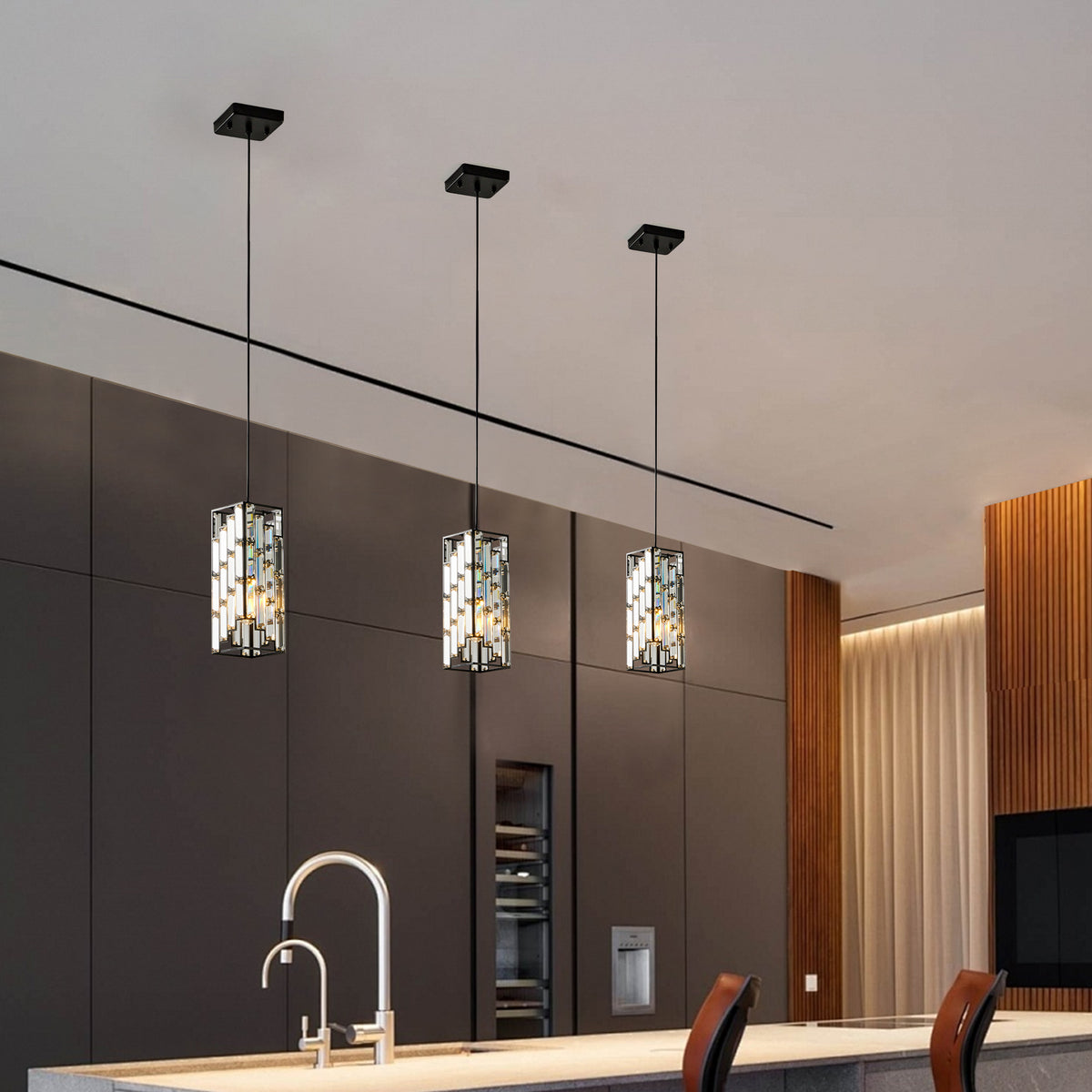 Pendant Light 3-Pack Crystal Set Black Crystal & Metal in a modern home interior