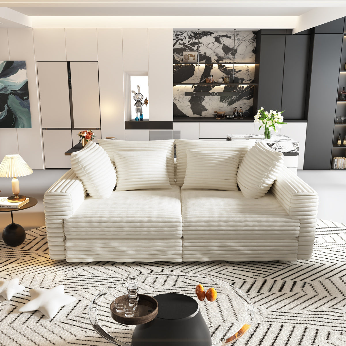Design feature view of Sofa Modern Cushioned Seating Beige Corduroy 4-Seater