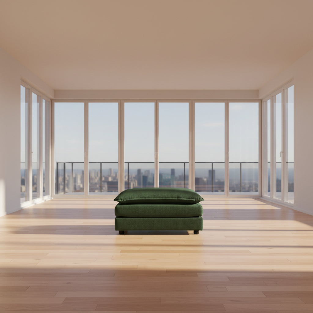 Ottoman Cushioned Footrest Green Chenille in a modern living room