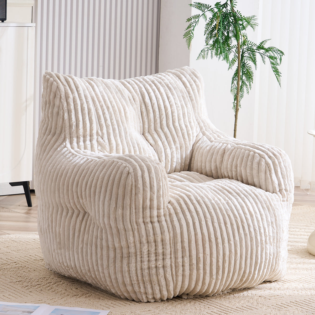 Bean Bag Chair Cushioned Seating Beige Corduroy in a modern living room