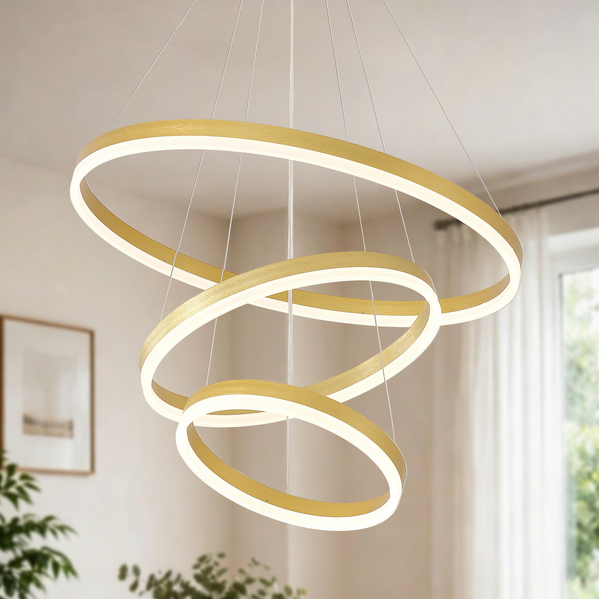 Chandelier 3-Ring Dimmable LED Gold Acrylic & Aluminum in a modern home interior