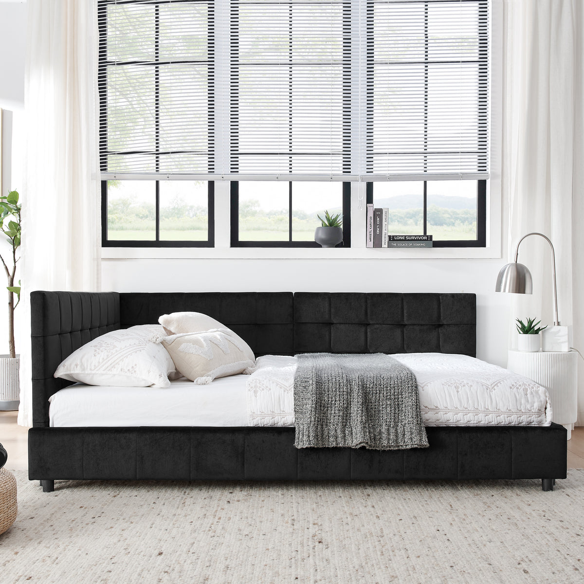 Construction and detail view of Bed Frame Modern Supportive Frame Black Velvet Full Size