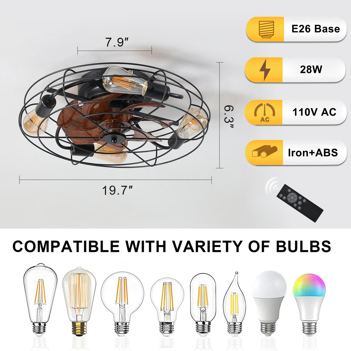 Additional view of Ceiling Fan Light Farmhouse Remote Control Black Iron