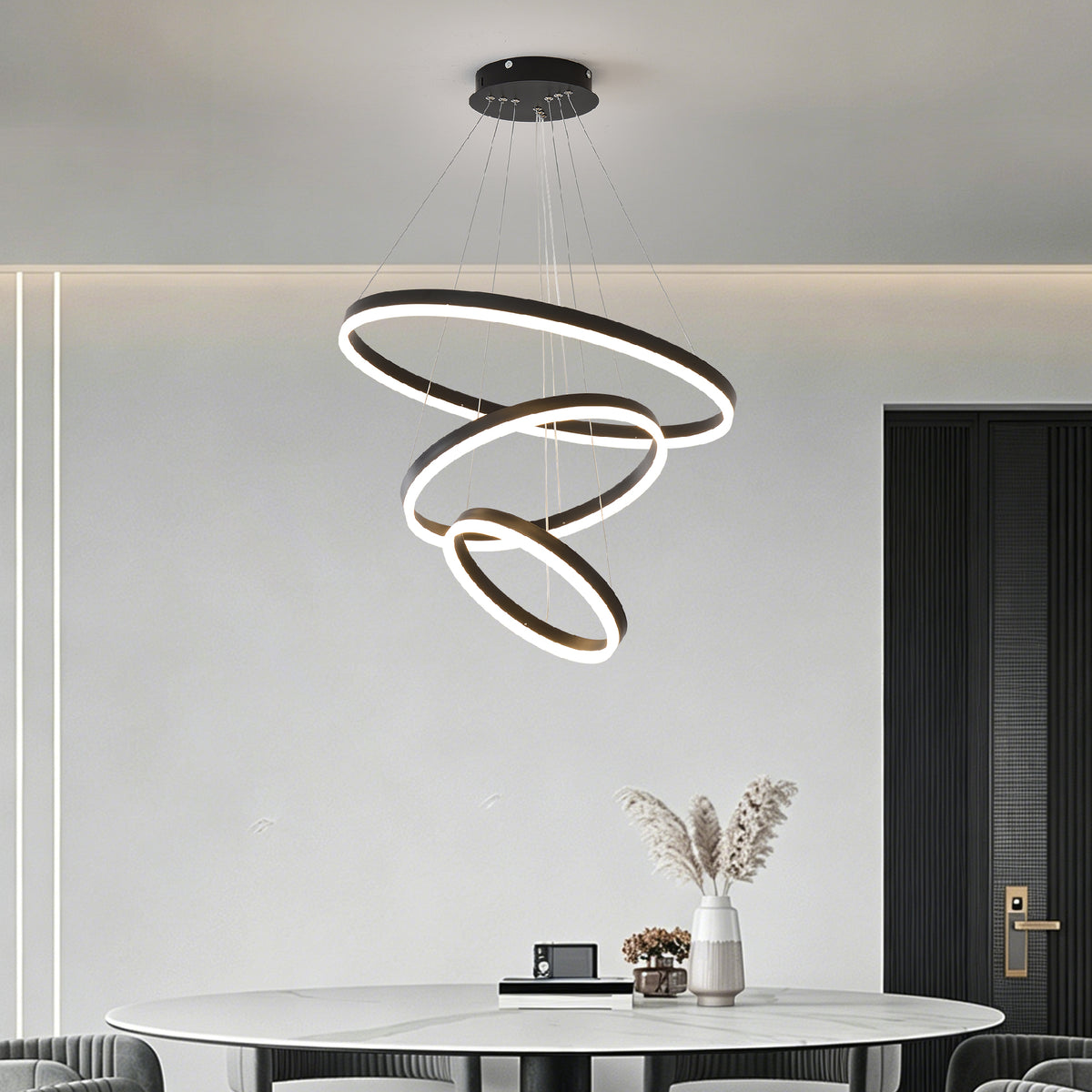 Full product view of Chandelier 3-Ring Dimmable LED Black Acrylic & Aluminum